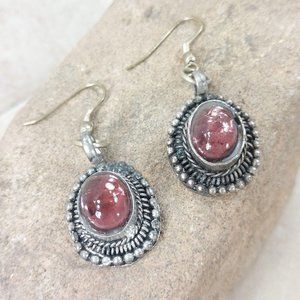 Purple Silver Earrings Oval Dangle Drop Vintage Jewel Trinket Earring Gift F/Her